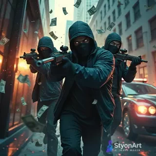 Masked robbers storming into a modern city bank with rifles, chaotic scene with broken glass and money flying, police sirens outside, getaway car waiting, cinematic lighting, gritty realism, dramatic tension, ultra-detailed, 8K resolution, masterpiece crime action scene