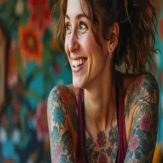A young woman with vibrant, colorful tattoos covering her arms and shoulders, deeply engaged in conversation, smiling warmly. Close-up shot, focusing on her expressive face and intricate tattoos. Detailed, realistic style, soft lighting.