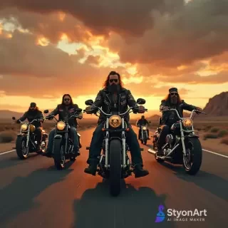 A group of outlaw bikers riding Harley-Davidson motorcycles through a desert highway at sunset, wearing leather jackets with skull patches, rugged beards, bandanas, cinematic atmosphere, dramatic clouds, gritty realism, ultra-detailed, 8K resolution, dark and rebellious vibe, masterpiece