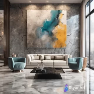 high-end luxury apartment interior with StyonArt abstract painting on textured concrete wall, marble floor, designer furniture, soft reflections, cinematic tone mapping