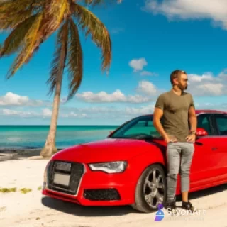 A man standing next to a shiny red Audi S4 parked on a tropical beach, with palm trees swaying in the breeze and turquoise ocean waves in the background. The scene is sunny, cinematic, and vibrant, with golden sand and a clear blue sky.