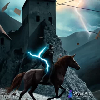 Un cavaler pe cal langa un castel pe varful muntelui