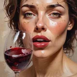 Impasto oil splash abstract painting on rough textured paper of a woman's face looking slightly drunk drinking a glass of wine.