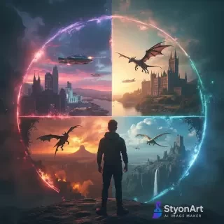 A person standing at the center, split into four quadrants, each representing a parallel universe. 1st universe: futuristic cyberpunk city with neon lights, flying cars, holograms. 2nd universe: medieval fantasy world with castles, dragons flying in the sky, and knights. 3rd universe: post-apocalyptic wasteland with ruins, fire, destroyed buildings, and survival gear. 4th universe: utopian paradise with floating islands, waterfalls in the sky, glowing nature, and advanced harmony. The person looks slightly different in each universe, adapted to its style. Cinematic lighting, ultra-detailed, highly realistic, 8K, concept art.