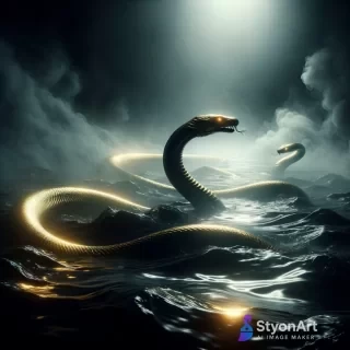 Two gold snakes swiming in black sea