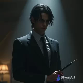 "A dark-haired hitman in a black suit, intense expression, holding a pencil as a weapon, standing in a dimly lit room with dramatic shadows, cinematic lighting, ultra-realistic, highly detailed, masterpiece, 8K resolution, action movie poster style
