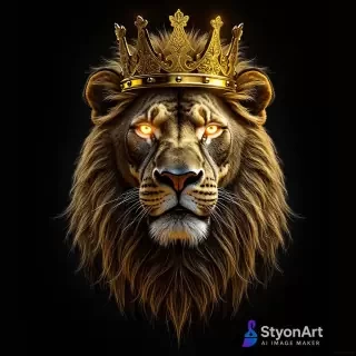 a majestic lion wearing a golden crown, ultra detailed, modern luxury art style, metallic reflections, glowing eyes, black background with gold accents, cinematic lighting, hyper realistic, 8K masterpiece