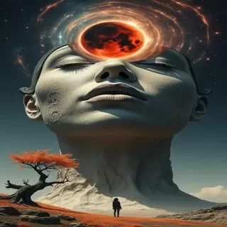 Portrait of a beautiful woman, surrealism: Her serene face emerges as a monumental celestial form, carved from stone and etched with cosmic textures, craters, and swirling galaxies. Her eyes are closed in quiet transcendence, as if dreaming the universe itself. Behind her, a blood-red eclipse burns in the star-filled sky, radiating spirals of energy. A lone human figure stands at the base of her colossal form, dwarfed by her scale, gazing upward in awe. The landscape is barren yet luminous, with twisted trees and glowing orange blossoms scattered across the ground. Mood: cosmic, dreamlike, mythic, poetic.