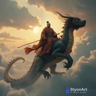 A wise monk in traditional robes riding a majestic dragon through the skies, epic fantasy style, dramatic clouds and sunlight breaking through, highly detailed, cinematic atmosphere, ultra-realistic textures, 8K resolution, masterpiece fantasy art, ArtStation trending