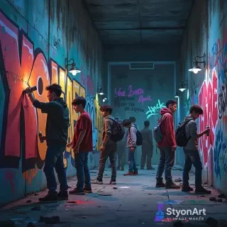 roup of teenagers with spray cans creating graffiti on an abandoned building, colorful murals spreading across cracked walls, night scene with neon reflections, urban rebellious vibe, highly detailed, cinematic atmosphere, digital art, masterpiece