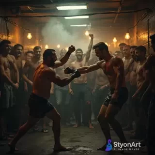 Underground fight scene in a dark, gritty basement, shirtless men with bruises and blood, sweating, surrounded by a raw crowd cheering, dim yellow lightbulbs, smoky atmosphere, cinematic lighting, ultra-realistic, raw and intense, 8K resolution, masterpiece dramatic photography style