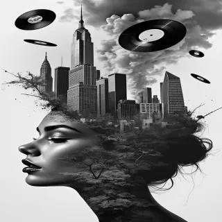Surrealist mixed-media portrait: The profile of a beautiful woman’s face, rendered in monochrome, blends seamlessly with an urban cityscape. Skyscrapers and smoke clouds rise from her head like thoughts turning into architecture. Abstract textures of cracked earth and paint drips cascade across her skin, fusing the organic with the industrial. Floating vinyl records and spinning discs orbit around her head like celestial symbols of sound, adding rhythm and motion. The composition is layered, fragmented, and dynamic — a poetic collision of music, city, and human identity. Style: surreal collage, painterly yet graphic, bold and modern.