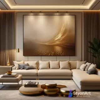 luxury modern living room with large StyonArt wall art above a beige sofa, soft warm lighting, elegant textures, gold accents, minimalistic decor, cinematic photography, 8K ultra realistic