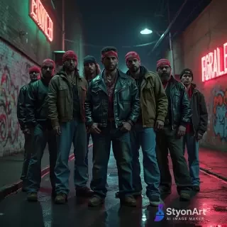 A violent street gang from 1990s America, standing on a dark urban street at night, wearing bandanas, leather jackets, baggy jeans, graffiti walls in the background, neon lights reflecting on wet asphalt, cinematic lighting, gritty atmosphere, ultra-detailed, 8K resolution, masterpiece crime drama style