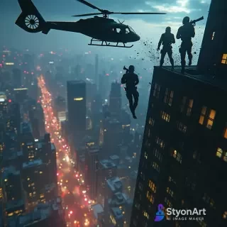 Armed robbers escaping from the rooftop of a skyscraper into a black helicopter at night, dramatic spotlight beams, police sirens below, chaotic city skyline, shattered glass flying, ultra-realistic, cinematic lighting, 8K resolution, masterpiece action movie scene