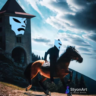 Un cavaler pe cal langa un castel pe varful muntelui