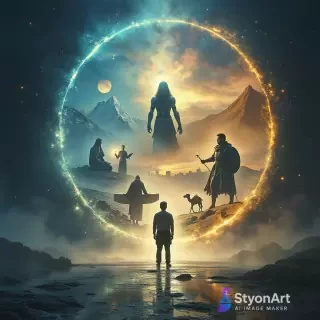 A man standing in the present, looking into a glowing mystical mirror or portal. Inside the portal are visions of his past lives, each represented as different eras and identities:  an ancient warrior in armor on a battlefield,  a wise monk meditating in a mountain temple,  a medieval artist painting under candlelight,  a traveler crossing a desert with camels,  a futuristic version of himself in a high-tech city. The scenes swirl together like fragments of memory, connected by glowing threads of light. Ethereal, spiritual atmosphere, ultra-detailed, mystical lighting, cinematic 8K, surreal concept art.*