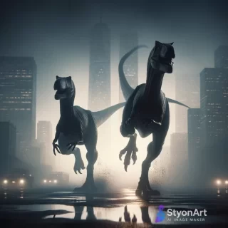 Doi dinozauri care alearga catre un oras