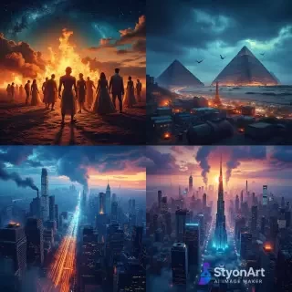 Four interconnected scenes representing the evolution of humankind: 1️⃣ Creation: early humans discovering fire under a starry sky. 2️⃣ Innovation: the rise of ancient cities and pyramids. 3️⃣ Industrialization: smoke-filled factories, trains, and progress. 4️⃣ Digital Age: skyscrapers glowing with neon, AI and holograms in the air. Ultra-realistic, cinematic lighting, deep contrast, 8K detail, dramatic composition, panoramic artwork.