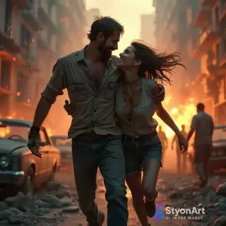 A man and a woman finally reunite in the middle of a zombie apocalypse. The ruined city around them burns with fire and smoke, abandoned cars and destroyed buildings everywhere. In the distance, silhouettes of zombies lurk in the shadows. Despite the chaos, they run into each other’s arms, holding tightly, eyes filled with relief and love. Their clothes are torn and dirty, but their faces glow with hope. Cinematic lighting, dramatic contrast between destruction and love, ultra-detailed, highly realistic, emotional post-apocalyptic concept art, 8K.
