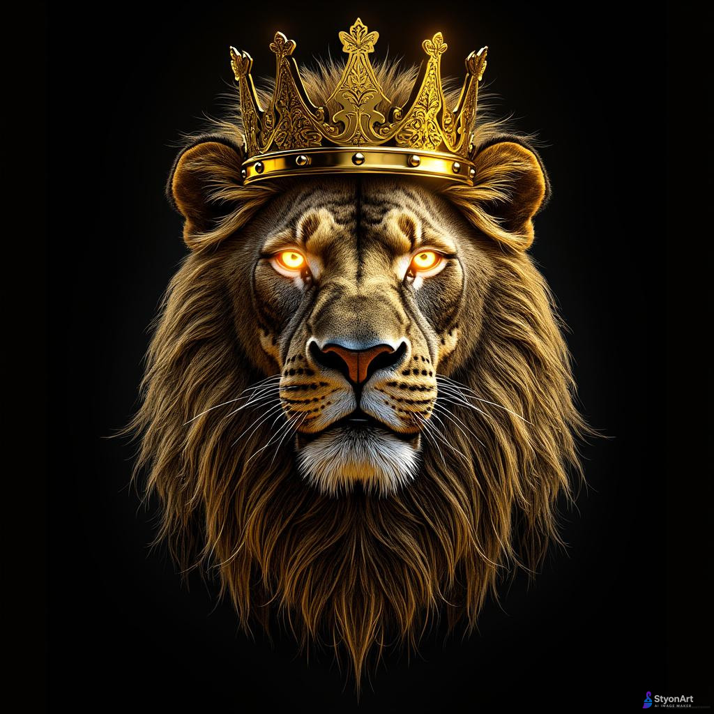a majestic lion wearing a golden crown, ultra detailed, modern luxury art style, metallic reflections, glowing eyes, black background with gold accents, cinematic lighting, hyper realistic, 8K masterpiece