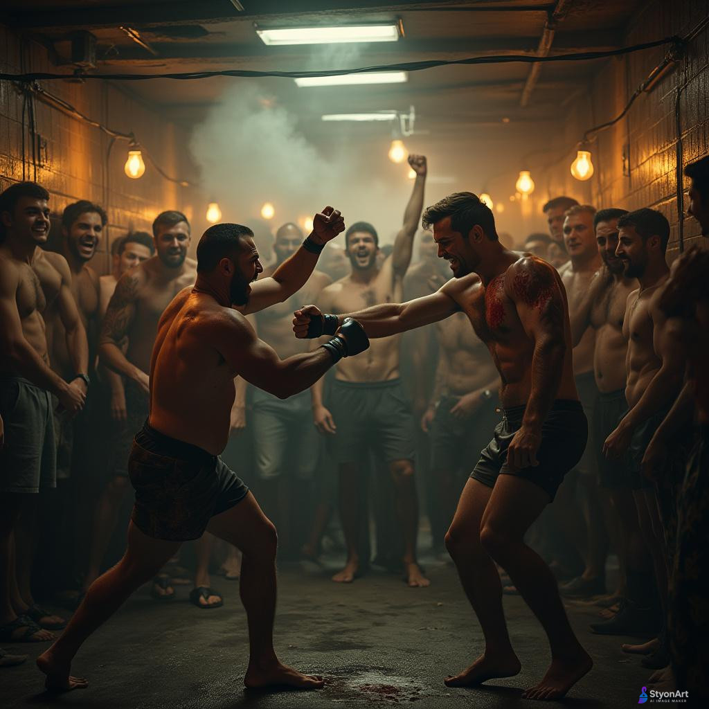 Underground fight scene in a dark, gritty basement, shirtless men with bruises and blood, sweating, surrounded by a raw crowd cheering, dim yellow lightbulbs, smoky atmosphere, cinematic lighting, ultra-realistic, raw and intense, 8K resolution, masterpiece dramatic photography style
