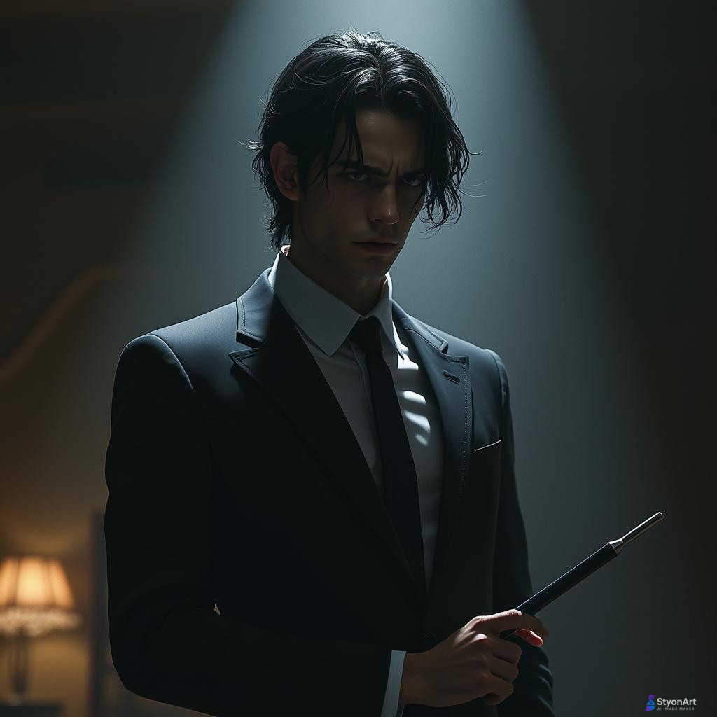 "A dark-haired hitman in a black suit, intense expression, holding a pencil as a weapon, standing in a dimly lit room with dramatic shadows, cinematic lighting, ultra-realistic, highly detailed, masterpiece, 8K resolution, action movie poster style