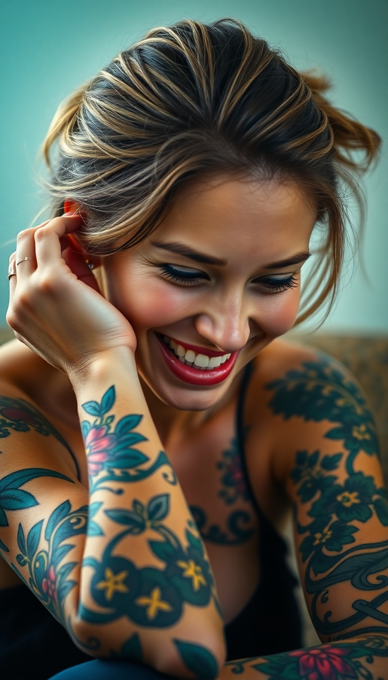 A young woman with vibrant, colorful tattoos covering her arms and shoulders, deeply engaged in conversation, smiling warmly. Close-up shot, focusing on her expressive face and intricate tattoos. Detailed, realistic style, soft lighting.